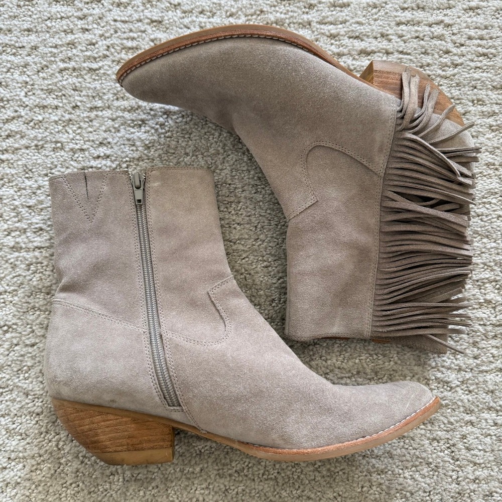 JEFFREY CAMPBELL Hastings Suede Fringe Western Ankle Boots WOMEN 8.5 Taupe BOHO - Picture 10 of 12